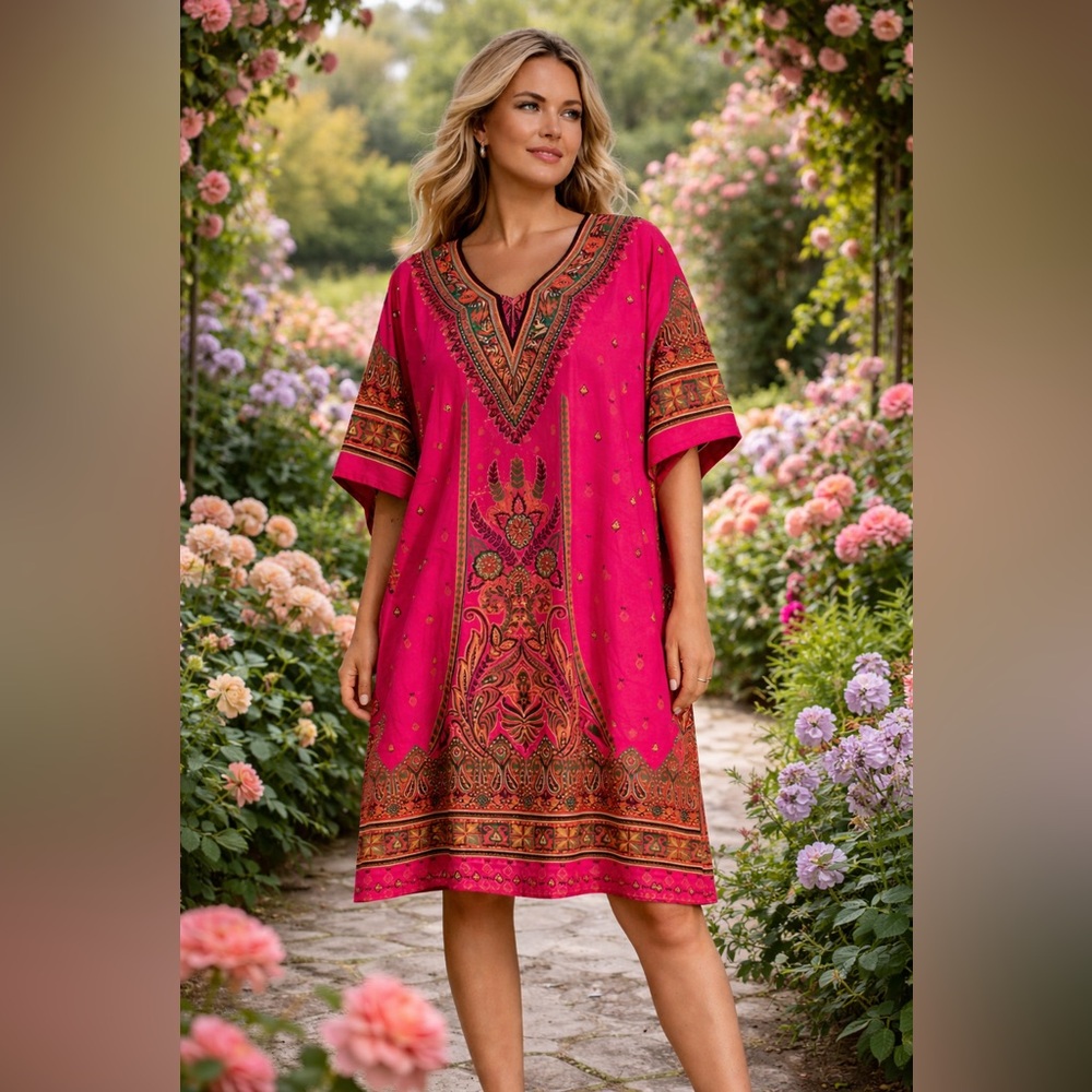 Pink Boho Caftan Tunic Mid-Length Kaftan Resort Lounge One Size